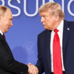 Russian and U.S. flags with nuclear missile in background