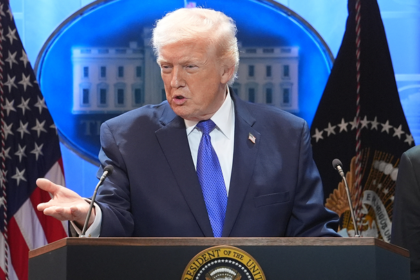 President Donald Trump speaking at the White House about new 10 percent global tariff after Supreme Court ruling