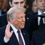 Donald Trump speaking at a podium as debate grows over immigration enforcement and public approval