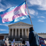 Protesters and supporters gathered outside a government building during a debate over youth gender healthcare policy