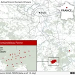 Fontainebleau forest wildfire near Paris