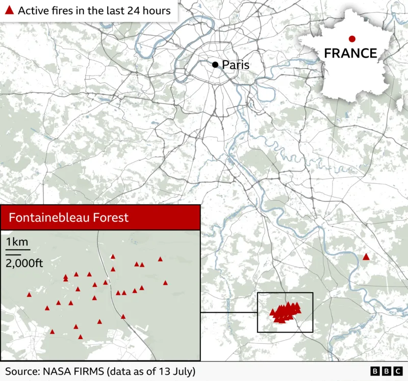 Fontainebleau forest wildfire near Paris