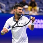 Novak Djokovic reacts during his first round US Open defeat to Mariano Navone.