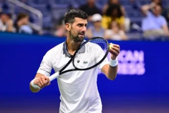 Novak Djokovic reacts during his first round US Open defeat to Mariano Navone.