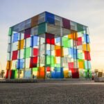 A colourful architectural landmark featuring bright decorative surfaces and bold architectural details