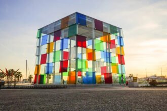 A colourful architectural landmark featuring bright decorative surfaces and bold architectural details