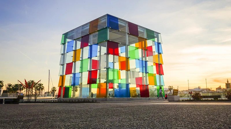 A colourful architectural landmark featuring bright decorative surfaces and bold architectural details