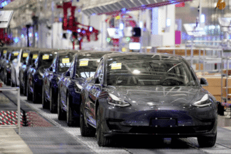 Tesla Model 3 vehicles at the company's Shanghai factory amid China's record vehicle recall campaign