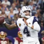 Dak Prescott celebrates during the Cowboys' Week 2 victory over the Washington Commanders.