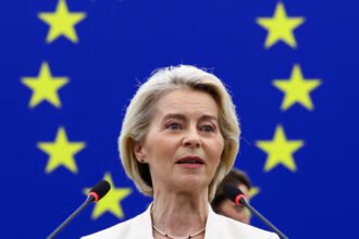 Ursula von der Leyen speaking at the European Parliament about advanced AI development