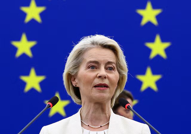 Ursula von der Leyen speaking at the European Parliament about advanced AI development