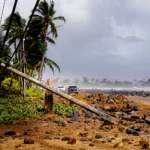 Alt Text: Storm damage and flooding caused by Hurricane Lowell in Hawaii
