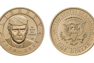 Gold colored $1 Trump coin released by the U.S. Mint for America's 250th anniversary