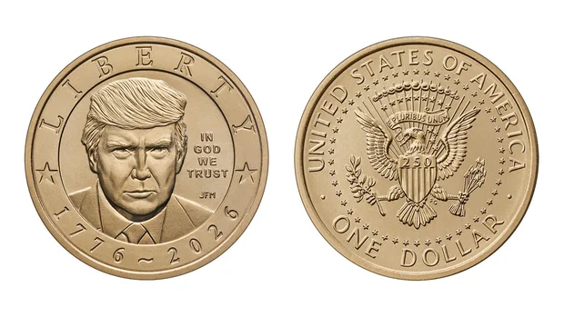 Gold colored $1 Trump coin released by the U.S. Mint for America's 250th anniversary