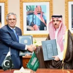 Ishaq Dar and Saudi Foreign Minister Faisal bin Farhan during the Pakistan Saudi visa agreement signing in New York