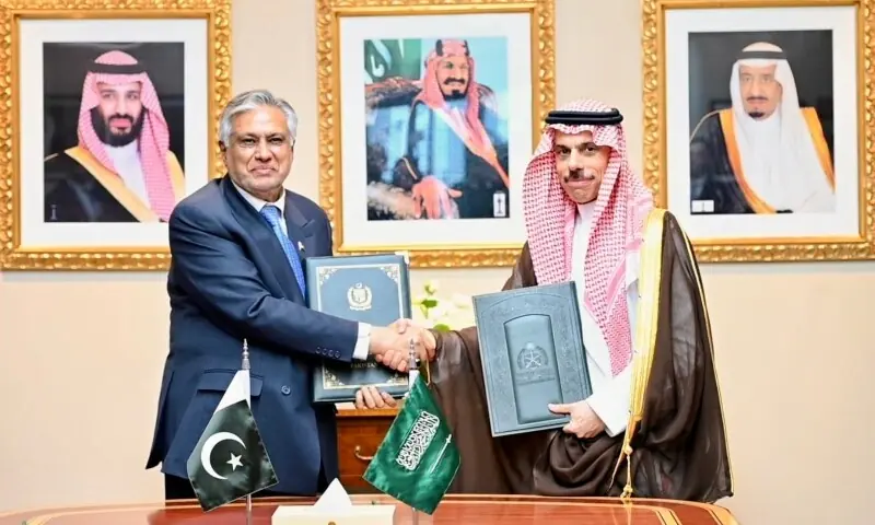 Ishaq Dar and Saudi Foreign Minister Faisal bin Farhan during the Pakistan Saudi visa agreement signing in New York