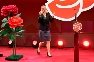 Magdalena Andersson speaks during the Sweden election night event in Stockholm.