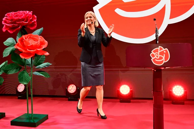 Magdalena Andersson speaks during the Sweden election night event in Stockholm.