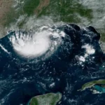Satellite image showing Tropical Storm Edouard approaching the Texas Gulf Coast