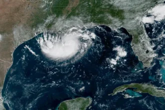 Satellite image showing Tropical Storm Edouard approaching the Texas Gulf Coast