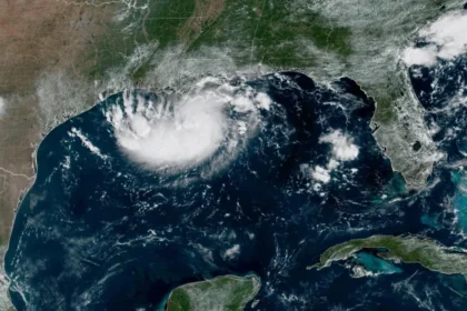 Satellite image showing Tropical Storm Edouard approaching the Texas Gulf Coast