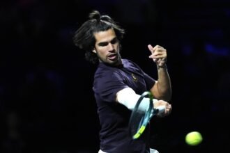 Carlos Alcaraz during his US Open quarterfinal against Ben Shelton
