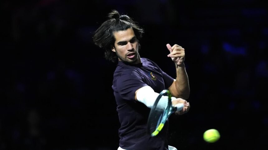 Carlos Alcaraz during his US Open quarterfinal against Ben Shelton