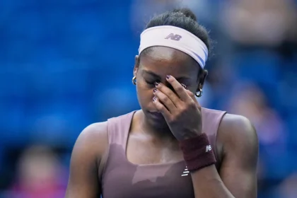 Coco Gauff and Elise Mertens during their China Open match in Beijing