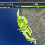 Weather forecast showing heavy rainfall across Northern and Central California.