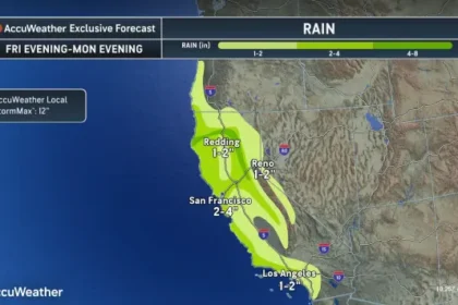 Weather forecast showing heavy rainfall across Northern and Central California.