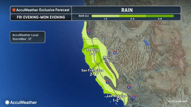 Weather forecast showing heavy rainfall across Northern and Central California.