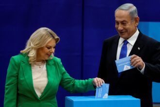 Benjamin Netanyahu at an Israeli election polling station.