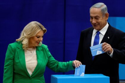 Benjamin Netanyahu at an Israeli election polling station.