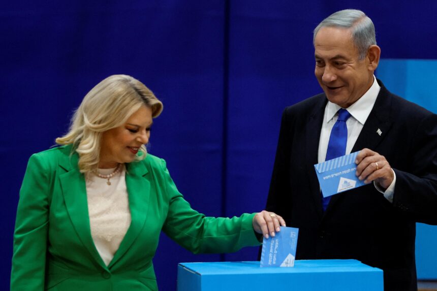Benjamin Netanyahu at an Israeli election polling station.