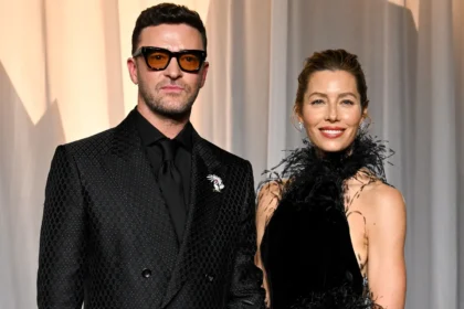 Jessica Biel and Justin Timberlake in coordinated black outfits at the Academy Museum Gala.