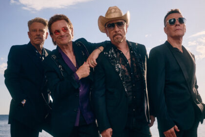 U2 band members performing live during a concert.