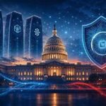 Illustration of artificial intelligence technology and cybersecurity protection for government computer systems.
