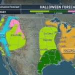 Rainy Halloween weather with dark clouds, rainfall and possible snowfall across parts of the United States.
