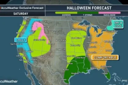 Rainy Halloween weather with dark clouds, rainfall and possible snowfall across parts of the United States.
