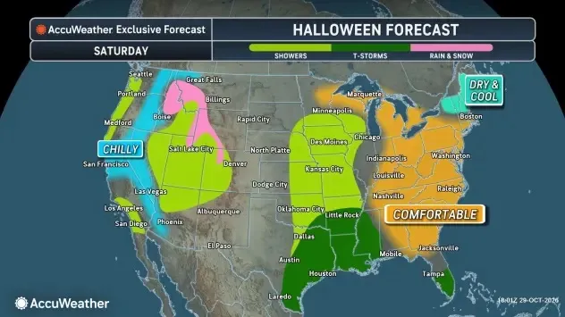Rainy Halloween weather with dark clouds, rainfall and possible snowfall across parts of the United States.