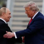 US President Donald Trump greets Russian President Vladimir Putin during a meeting in Alaska in August 2025.