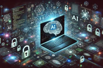 Illustration of artificial intelligence technology and cybersecurity protection for government computer systems.