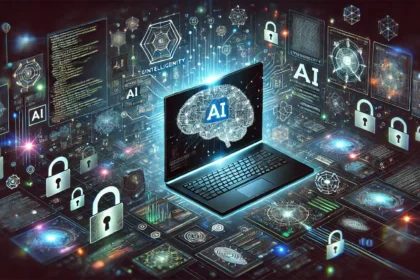 Illustration of artificial intelligence technology and cybersecurity protection for government computer systems.