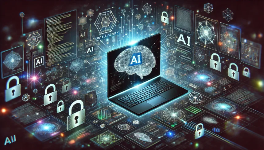 Illustration of artificial intelligence technology and cybersecurity protection for government computer systems.