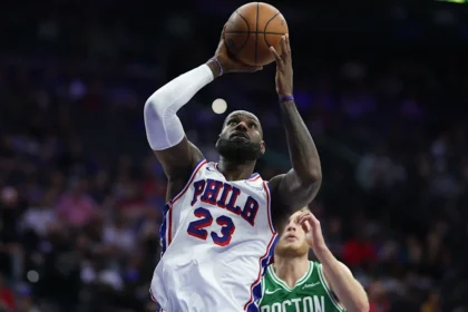 LeBron James playing for the Philadelphia 76ers against the New York Knicks.