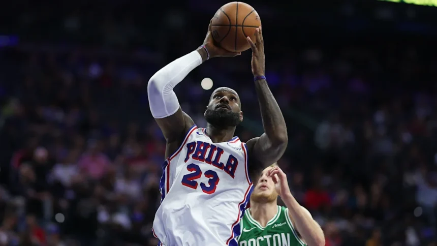 LeBron James playing for the Philadelphia 76ers against the New York Knicks.